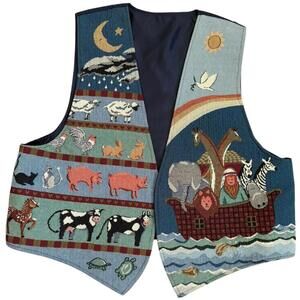 Vintage Noah’s Ark Animal Tapestry Vest Whimsical Folk Art Woven Medium